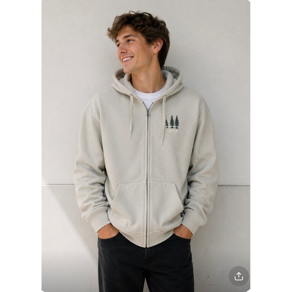 Vans Off The Wall Full Zip Hoodie Cream Pine Tree Embroidered Mens Medium
